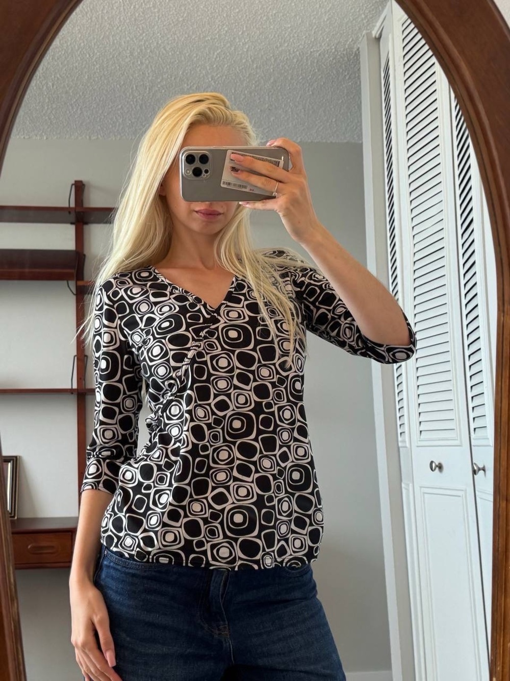 Geometric V-Neck Blouse in Black & White